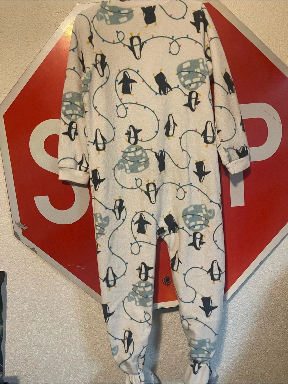 Carter's White Penguin & Light Blue Sled Footed One-Piece Pajamas